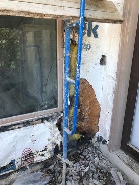 This is the bottom right corner of that window above. The terrible rot couldn’t be seen in the stucco top coat. Ugly! We also found lots of rot at the base of these window sills where water was getting in past the windows.