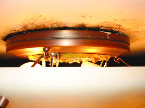 Bulk water was leaking into the room through a light fixture.