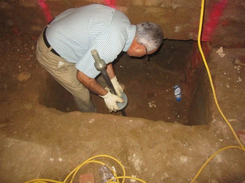 Soil bearing is evaluated at the bottom of one pit by conducting a Dynamic Cone Penetration test.