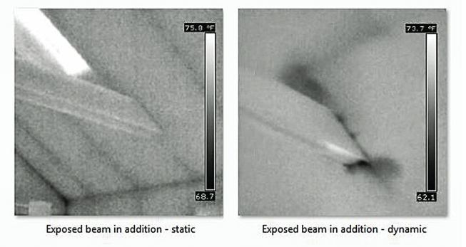 These smaller black-and-white images are thermal-imager output files that Kahabka saved from this job. The first one shows a baseline image of the cathedral ceiling, which shows virtually no air leaks, although the rafters are clearly conducting heat.This doesn't mean that no air leaks exist. It's just that under the current conditions, with warm indoor air that's probably leaking out—past warm building materials as it moves to a colder outside—a temperature difference is not visible because the temperature of all the substrates and the air temperature are the same. But when he scans the ceiling with the blower door running, air leaks begin to show clearly at the intersection between the ceiling and the exposed beam.