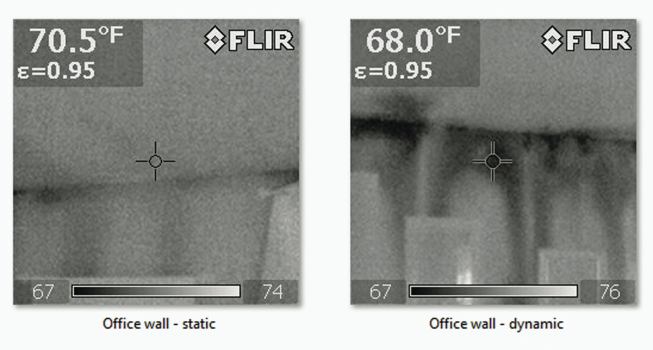Similarly, the baseline image of the office wall shows a little conductive heat flow along the framing. But when viewed under dynamic conditions, air flowing through the wall insulation causes a complete breakdown of the insulation's thermal integrity.