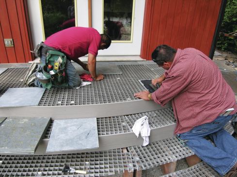 The author planned the framing and the tile layout so there would be full tiles, rather than small cut pieces, along any edge. Anywhere that tiles needed to 

be cut, no piece was narrower than 4 inches.