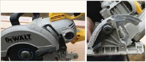 The depth-of-cut scale is clearly visible on the DWS535's blade housing (left). Preset stops at 22.5 and 45 degrees make it easy to set common angles; a secondary scale has 1-degree increments (right). With a maximum bevel of 53 degrees, the DeWalt can cut steeper angles than other wormdrive saws.