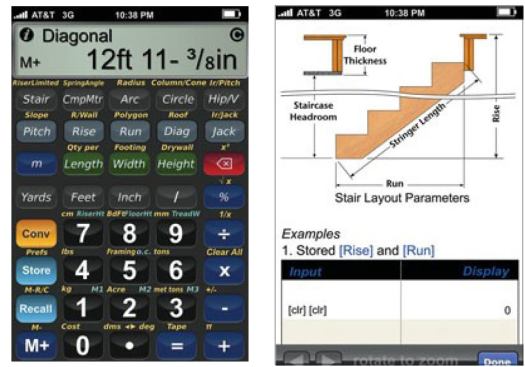 Though they look real, the keys on this BuildCalc app are images on the phone’s touch screen (left). The built-in help feature makes it easier to learn new functions by guiding users through unfamiliar calculations (right).