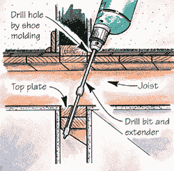 By removing the shoe molding at the edge of a carpeted room, you can drill an inconspicuous hole through the floor.