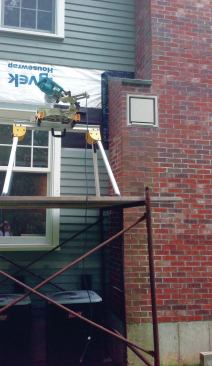 The lightweight saw can easily be set up on staging so it’s close to the work.