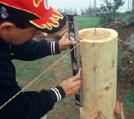 Figure 8. With the posts up and braced plumb, a string is used to establish the line of the beam. A carpenter uses a level to lay out the side cuts for the beam pocket.