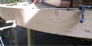 Figure 8. Clamps were used to bend the fascia, which was fastened to the joist ends with adhesive and finish nails.