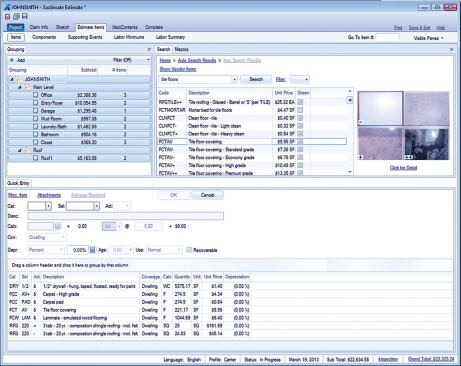 An Xactimate estimating screen includes categories for thousands of types and grades of materials, with examples and unit costs (upper right), along with a data entry screen (lower half). Dimensions are calculated and imported automatically from a drawing created in the attached Sketch program. The program also maintains a running room-by-room total (upper left). 
