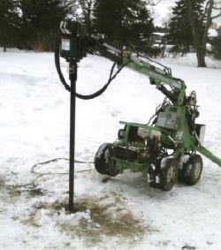 Figure 10. Driving a helical pile in frozen ground begins with inserting a proprietary heating rod in a hole drilled with a rotary hammer (above). Once the ground is warmed, the pile is driven normally (right).Photo credit: Dave Northup