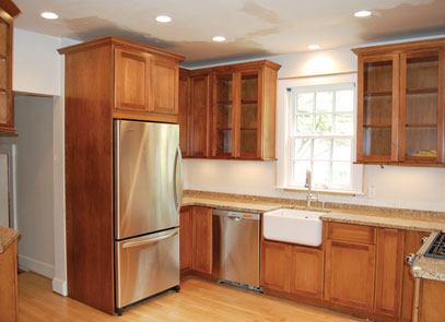 The cabinet layout and fixture locations remain unchanged in the authors’ fast-track renovations. A restricted menu of swap-out options simplifies both planning and pricing.