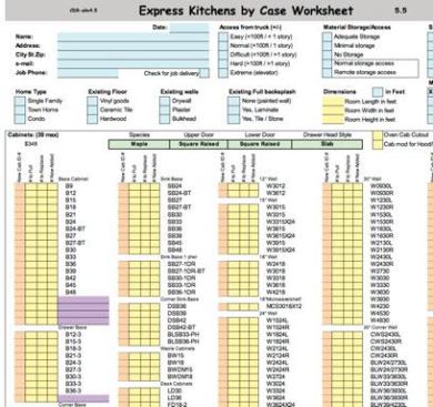 A fully detailed custom spreadsheet program lists and tracks all options, including cabinet type and style, plumbing fixtures, countertops, backsplash, and flooring. The program includes provisions for existing conditions and updates cost as selections are made or changed.