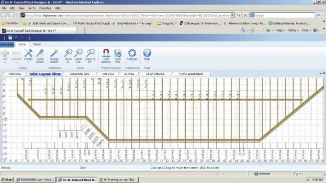 Big Hammer's freeware has different tabs for viewing specific deck details, such as post locations and joist layout.