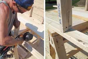 To test the nosepieces, the crew marked short studs and then used the nailers to toenail them (left) to a plate. The best guns gripped well and placed the nails close to the original marks.