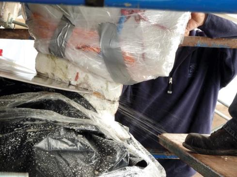 A 4-foot diamond saw blade, operated by Prime Drilling and Sawing Services of Worcester, Mass., was used to slice Juno’s head from her body.