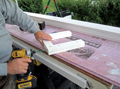 The top collar is thicker and wider than the other components, so I stack two layers of 3/4-inch PVC glued and screwed face to face. Because this band is purely decorative, I glue and screw three sides together with simple butt joints.