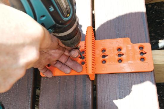 The Jig-A-Deck is designed to place face screws in line with the center of the joist and equidistant from the edges of either 4-inch or 6-inch deck boards.