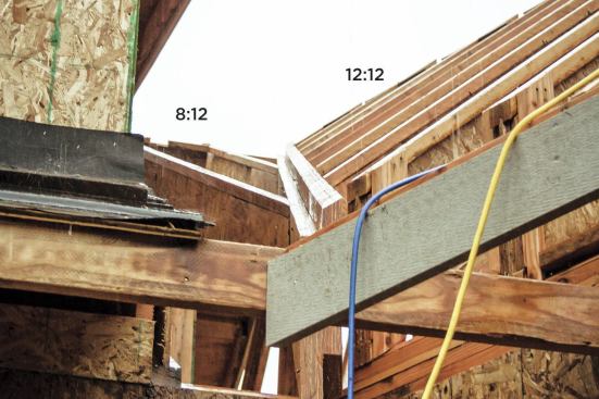 On this house we had a split-pitch roof — 8/12 on one side of the valley and 12/12 on the other.