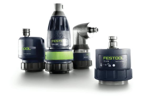 Non-impact-driving accessories include (left to right) an offset drive, a drywall screwdriver, a right-angle driver, and the adapter over which each must be installed. 