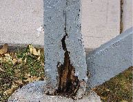 Figure 5. Lateral forces applied to the deck are transmitted through the cross bracing attached to the base of the support post. A combination of decay and lateral forces has begun to rip apart this post.