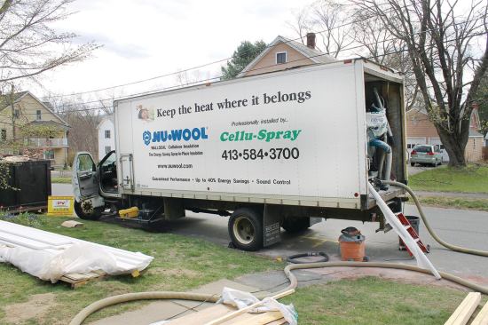 This truck is equipped to install either damp-spray or dense-pack cellulose.