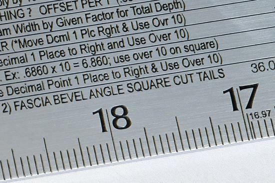 Miter and bevel angles for applying fascias to square-cut rafter tails on hip and valley roofs are also displayed. Edge scales are laid out in 20ths of an inch and in 1/4-inch increments for ease of use.