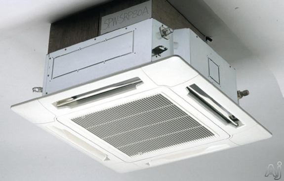 The ductless heat pump unit pictured here is designed to be flush-mounted in a dropped ceiling.