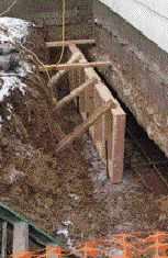 Built with 2x4s and 3/4-inch plywood, the underpinning form was braced with stakes and form pins.