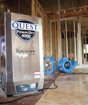 Like all of my dehumidifiers, this Quest PowerDry 4000 has a built-in hygrometer. If I’m in the drying stage I set it to “Always On.” If I’m drying joint compound or paint, I set it to 55% RH 

(the range is 30% to 70%). If I’m keeping a house stable from trim stage onward, I’ll set it for around 45% RH. 