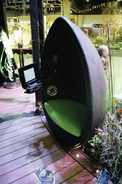 What looks like an "Alien" movie-poster egg is actually a one-person ampitheater. The author calls it a "Suspended Human Entertainment Pod."