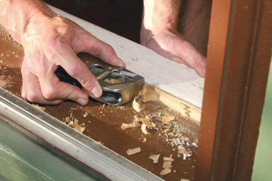 A bullnose plane with a removable toepiece cuts away the excess stock with a minimum of dust.