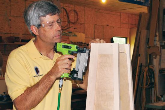 I glued the four frames together, pinning them to each other with my 23-gauge headless nailer to hold the assembly in place while I set up my clamps.