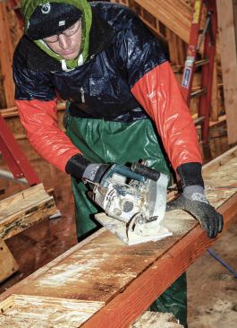 To cut the jacks, we first nail the web stiffeners to both sides of the I-joist, then make the cut with our Big Foot 10 1/4-inch saw.