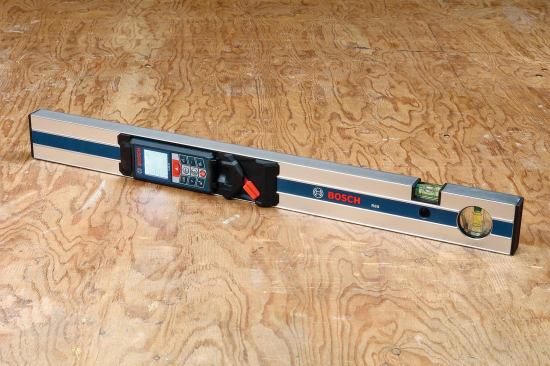 Inclinometers. The Bosch GLM 80, Leica Disto E7400x, and Stanley TLM 330 have built-in tilt sensors, or inclinometers, that not only measure slopes and angles, but raise indirect vertical and horizontal measuring to the next level. Say you need to measure the horizontal distance to a wall, but there’s a couch in the way. You can angle the meter up until the laser dot clears the couch and hits the wall, click once, and get the precise horizontal measurement (assuming the wall is plumb). Bosch’s optional R60 attachment (shown) instantly converts the GLM 80 into a 24-inch electronic spirit level to make the inclinometer even more versatile.