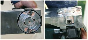 Metabo's LF 724 has four four-sided carbide blades: two on the bottom of the head (left) and two on the sides (right). The side blades are staggered high and low on the head and are normally hidden behind spring-loaded plastic doors.
