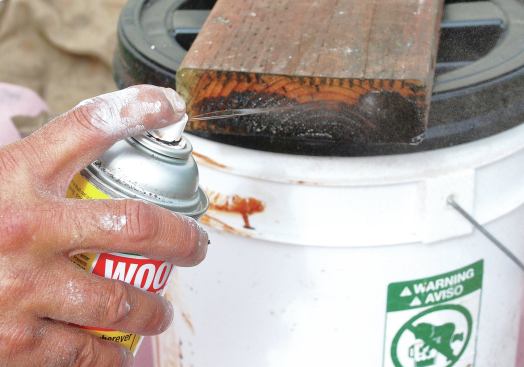 Green Product Copper-Green Brown Wood Preservative is available in an aerosol can, which is convenient to keep on hand for sealing the end grain of pressure-treated lumber.