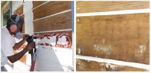 It took multiple passes with the LF 724 to remove the thick paint buildup on this siding (left). The freshly planed surface is smooth but will require some sanding to remove the swirl marks left by the cutters (right).