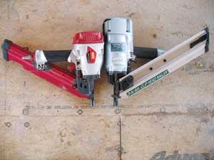 Makers like Max and Senco have shortened some of their guns to make them easier to maneuver in narrow framing cavities; you can see the difference in size in the top photo (the Max gun is on the left). The author lined up all the tools to get a sense of their relative bulk. Viewed from the front (below) from left to right are the Max, Senco, Paslode, Bostitch F33PT, DeWalt, Bosch, Grip-Rite, Ridgid, Porter-Cable, Bostitch F28WW, Hitachi, and Makita. Viewed from the back (very bottom), the order is reversed.