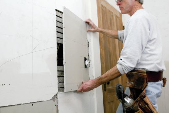 To repair a small, severely damaged area, use a flat bar to pry off the loose, crumbling plaster, leaving the lath in place. Square off the edges with a knife and a straightedge, mark the stud locations, and fasten a drywall patch using 2-inch drywall screws. Where edges are fastened to lath alone, use construction adhesive and 1 1/4-inch drywall screws.