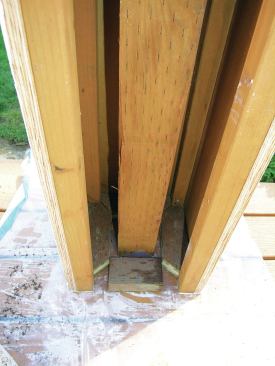 Blocking around the post bases holds the bottom of the column in place and helps keep it square. 