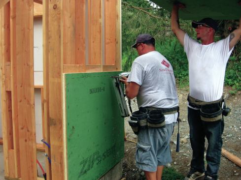 In a few places, we installed panels horizontally to save material; this meant adding horizontal blocking for edge fasteners.