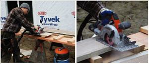 The R3400 fiber-cement saw collects dust very efficiently. A fan in the back of the tool pulls dust out of the blade housing and feeds it through a hose to a fabric filter attached to the top of a drywall bucket. The exhaust air escapes through the filter and the dust passes into the bucket.