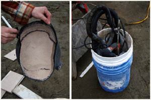 At the end of the day, the carpenter removes and cleans the filter (left), empties the bucket, and stores the filter, clamp, hose, and saw inside (right).