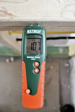 Pin-type moisture meters measure resistance from point to point, then translate that into moisture content — the lower the resistance, the higher the MC. The type of material also affects the reading; I like this Extech model MO220 because it can be calibrated for hardwood or softwood and for many different species. Added functionality — like the ability to store data and download it to a computer — can drive the price of a meter up to $500-plus. The GE Protimeter, the Lignomat, and the Delmhorst are also good meters.
