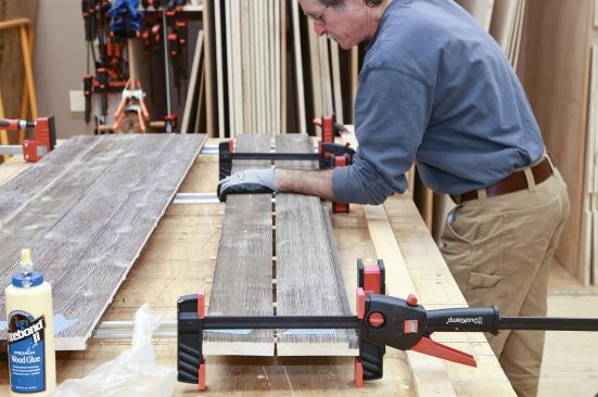 The author glued up the panels from shiplap siding, ripping the edge profile off glue joints and reinforcing them with Festool Domino tenons.