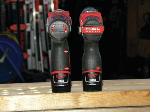 The drill/driver on the left has the old-style “fat” handle. The FUEL model on the right has the new tapered-style handle, which is much more comfortable to hold.