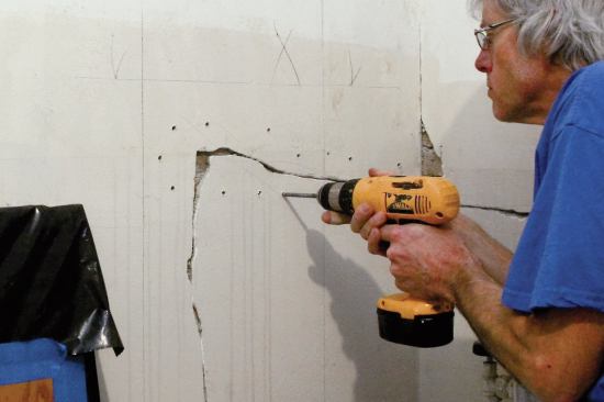 I predrill using a 1 1/ 4-inch carbide hole saw, which can be adjusted so the pilot doesn't bore into the wood.