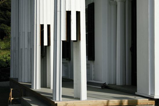 Starting with a long piece, five to seven custom-cut staves were installed on either side of a temporary 2x12 support, which was then removed so the final staves could be installed. Each segment joint was edge-glued with Titebond II and clamped with stainless steel screws driven at an angle every 15 to 20 inches.