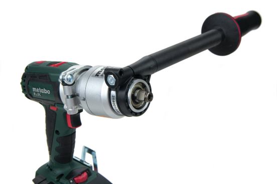 The Metabo tool accepts a 90-degree-angle drive attachment and a novel torque-multiplying attachment that triples torque output. The multiplier (shown here) accepts 1/4-inch hex bits and 1/2-inch sockets.