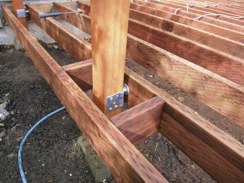 To provide a drying airspace around the posts, the author attaches them to the horizontal framing with post brackets.